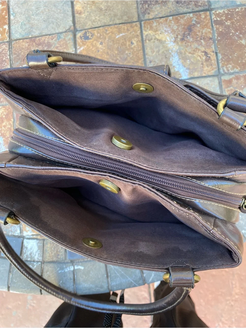 Rosetti Dark Brown Leather Shoulder Bag with Front Flap Pockets